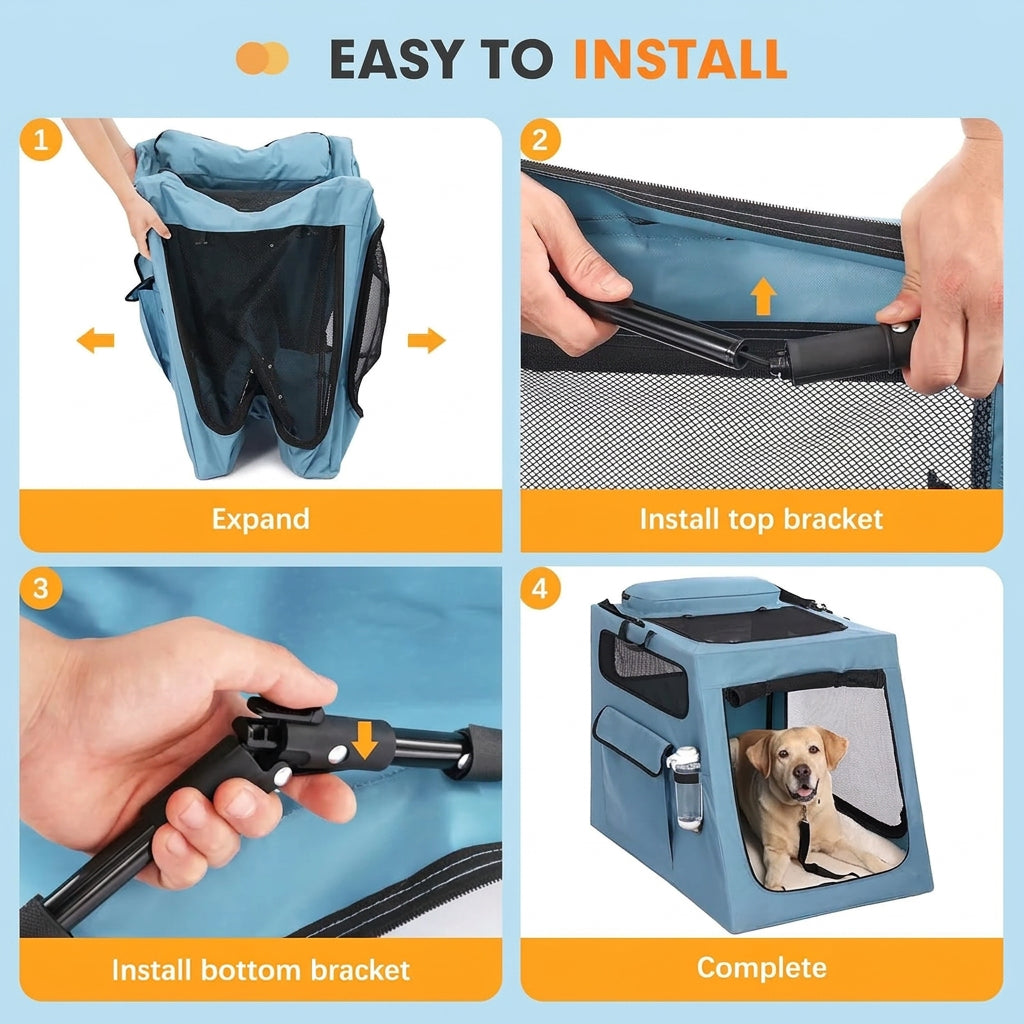 Metal Frame Dog Car Crate, Portable Pet Carrier for Medium Large Dog,Blue,L