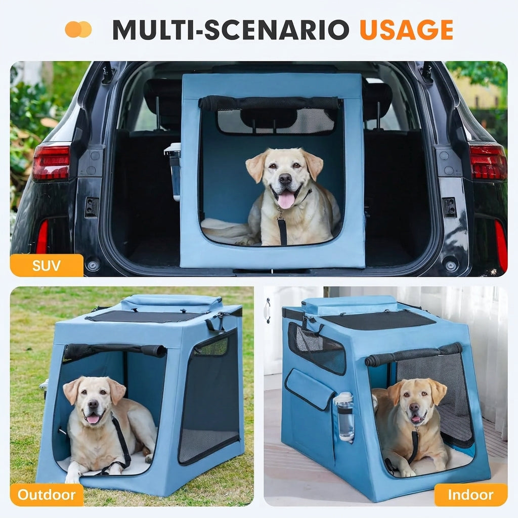Metal Frame Dog Car Crate, Portable Pet Carrier for Medium Large Dog,Blue,L