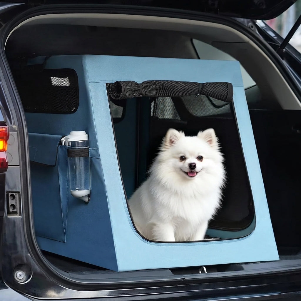 Metal Frame Dog Car Crate, Portable Pet Carrier for Medium Large Dog,Blue,L