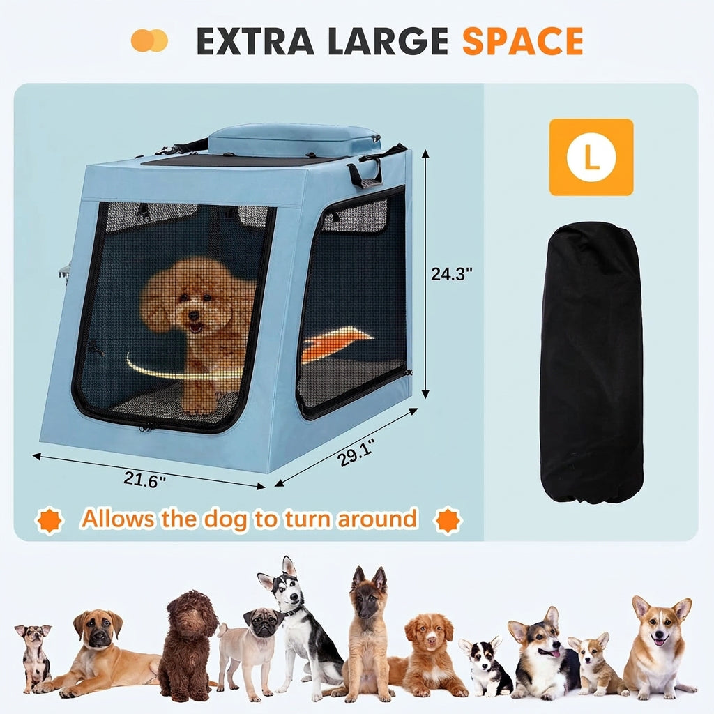 Metal Frame Dog Car Crate, Portable Pet Carrier for Medium Large Dog,Blue,L