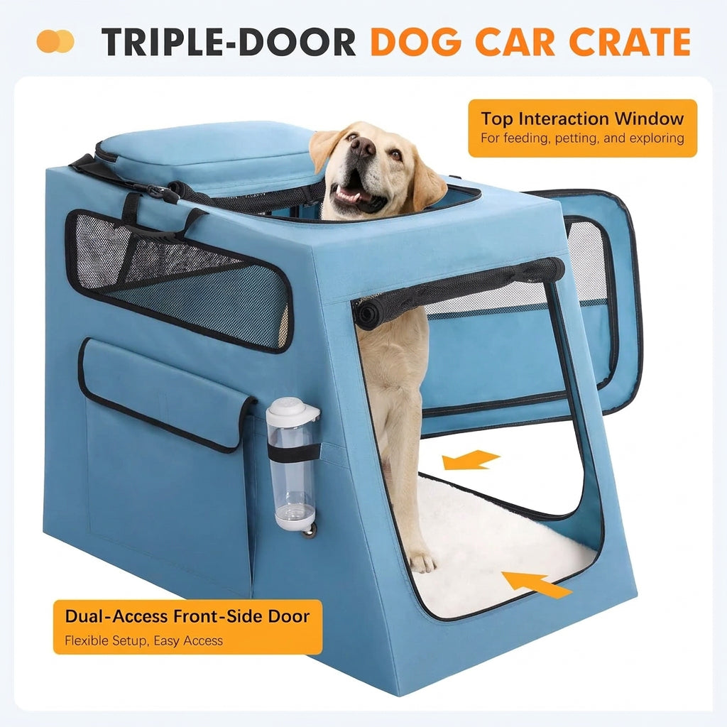 Metal Frame Dog Car Crate, Portable Pet Carrier for Medium Large Dog,Blue,L